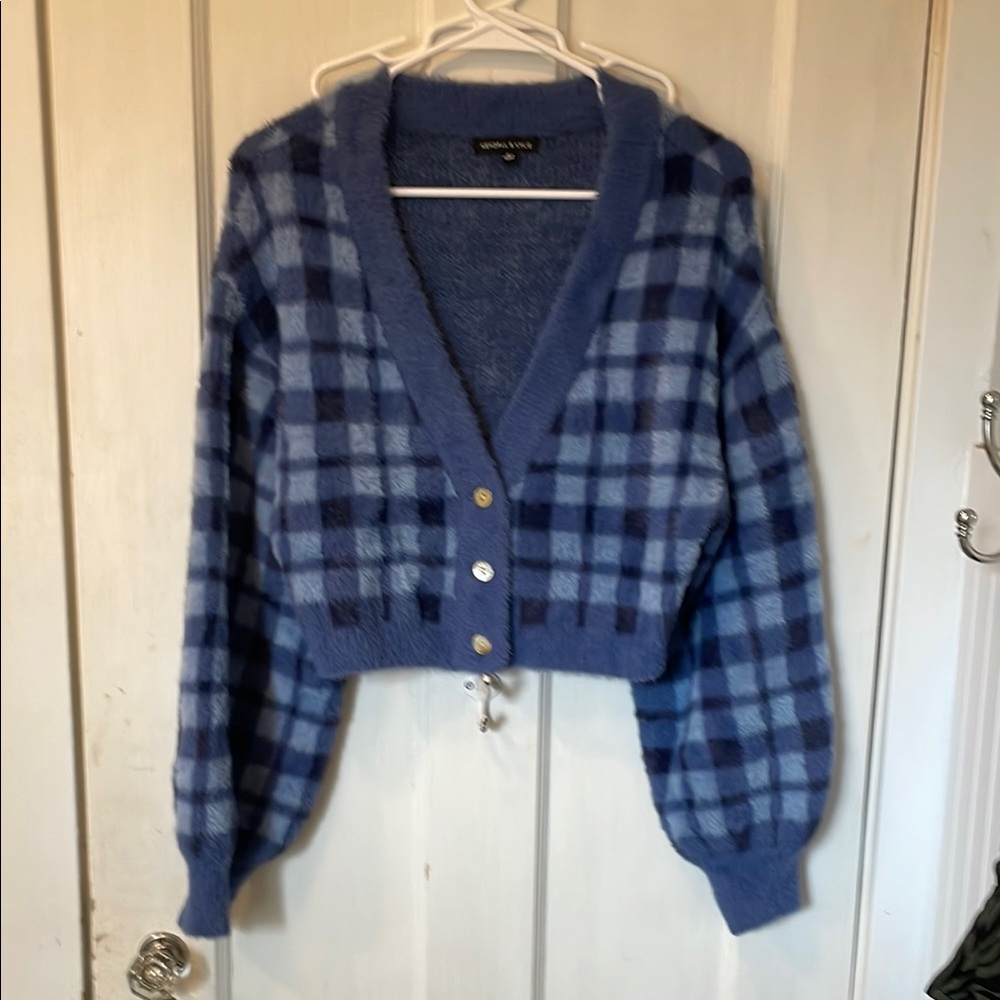 Kendall & Kylie Blue Cardigan Sweater V-Neck Plaid